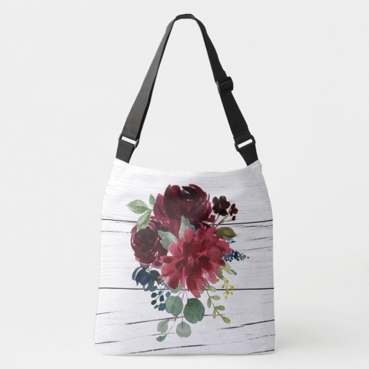 Burgundy Floral Elegant Rustic Waterverf Crossbody Tas (Voorkant)