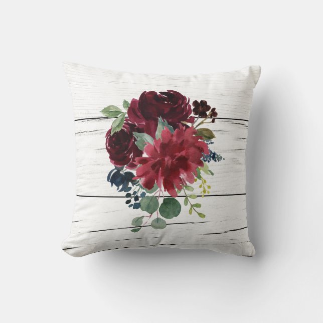 Burgundy Floral Elegant Rustic Waterverf  Kussen (Voorkant)