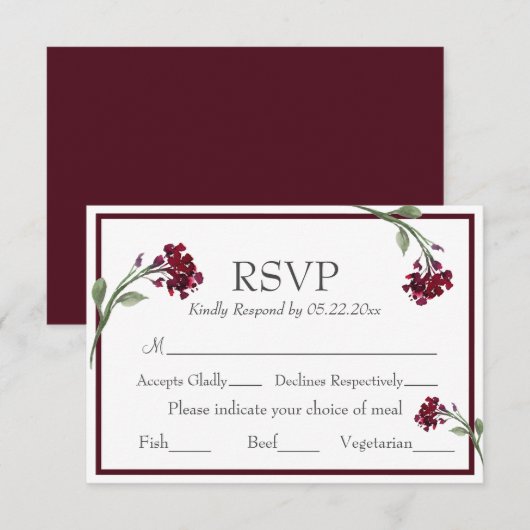 Burgundy Floral Elegant Rustic Waterverf RSVP (Voorkant / Achterkant)