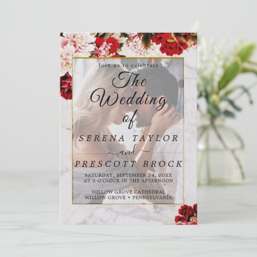 Burgundy Floral Elegant Vellum Wedding Invitation Kaart (Staand voorkant)