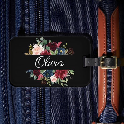 Burgundy Floral Elegant  Waterverf Bagagelabel (Voorkant Insitu 4)