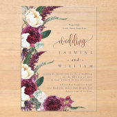 Burgundy Floral Elegant Wedding Acryl Uitnodigingen (Voorkant)