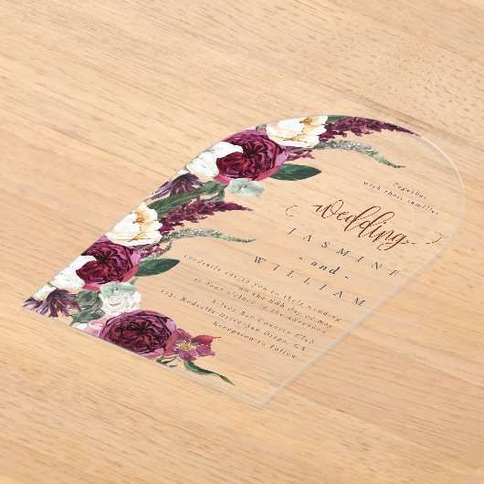 Burgundy Floral Elegant Wedding Acryl Uitnodigingen (Laagn)