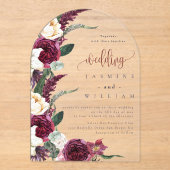 Burgundy Floral Elegant Wedding Acryl Uitnodigingen (Voorkant)