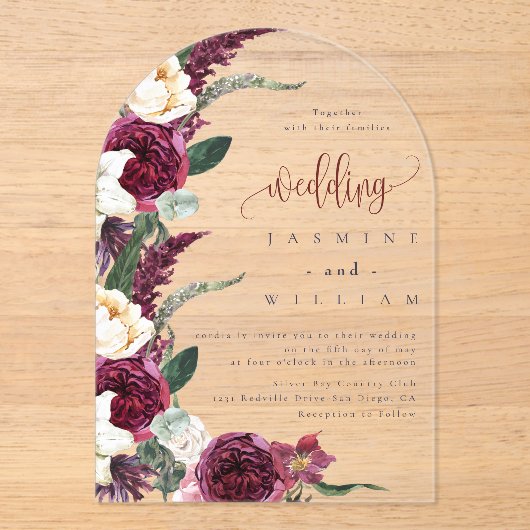 Burgundy Floral Elegant Wedding Acryl Uitnodigingen (Voorkant)