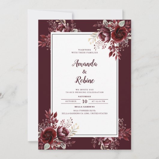 Burgundy Floral Elegant Wedding Invitation Kaart (Voorkant)