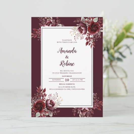 Burgundy Floral Elegant Wedding Invitation Kaart (Staand voorkant)