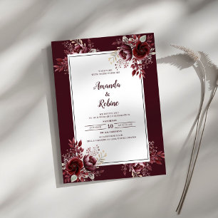 Burgundy Floral Elegant Wedding Invitation Kaart
