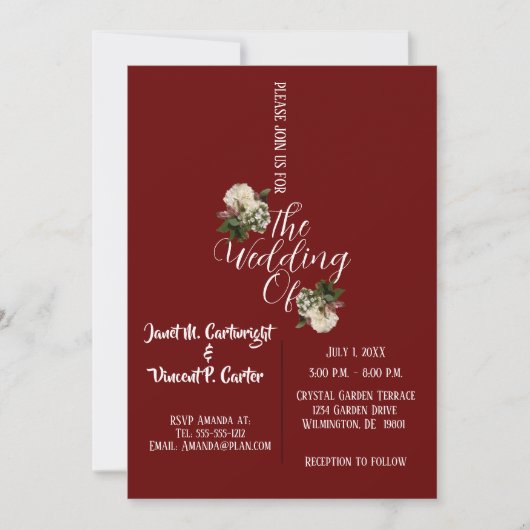 Burgundy Floral Elegant Wedding Invitation Kaart (Voorkant)