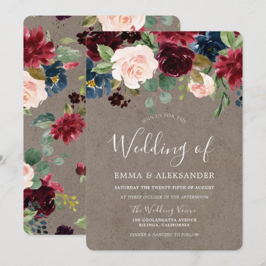 Burgundy Floral  Elegant Wedding Invite Kaart (Voorkant / Achterkant)