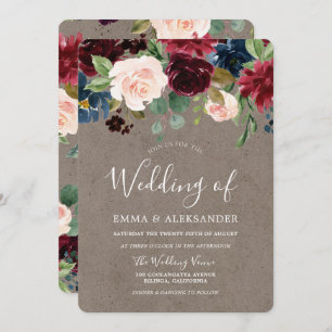 Burgundy Floral  Elegant Wedding Invite Kaart