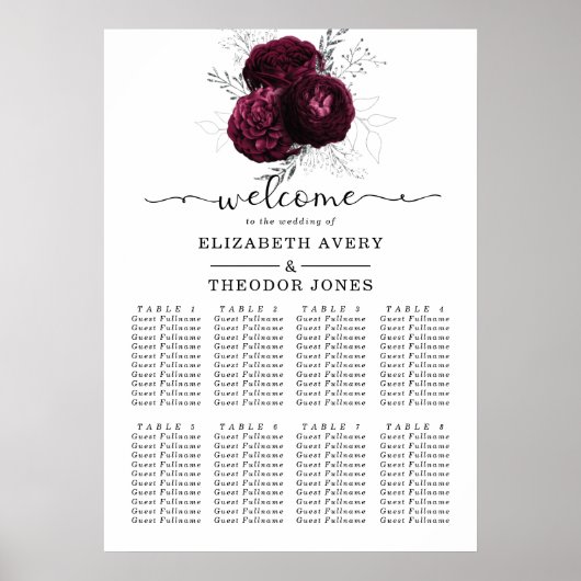 Burgundy Floral Elegant Wedding Seating Charts Poster (Voorkant)