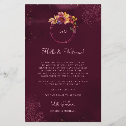 Burgundy Floral Elegant Wedding Welkomstreisroute (Voorkant)
