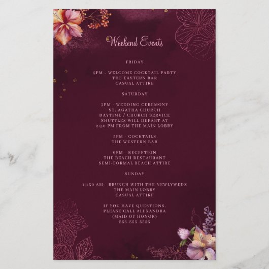 Burgundy Floral Elegant Wedding Welkomstreisroute (Achterkant)