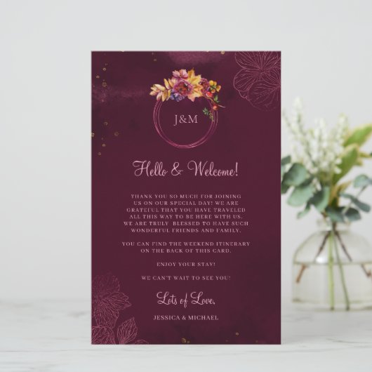Burgundy Floral Elegant Wedding Welkomstreisroute (Staand voorkant)