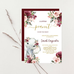Burgundy Floral Elephant Baby shower Girl Kaart