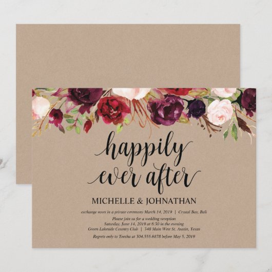 Burgundy Floral Elopement Reception Kraft nodigt u Kaart (Voorkant / Achterkant)