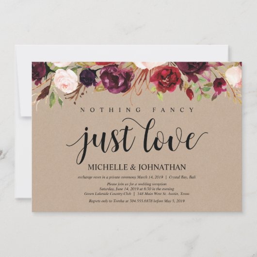 Burgundy Floral Elopement Reception Kraft nodigt u Kaart (Voorkant)