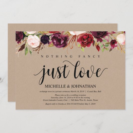 Burgundy Floral Elopement Reception Kraft nodigt u Kaart (Voorkant / Achterkant)