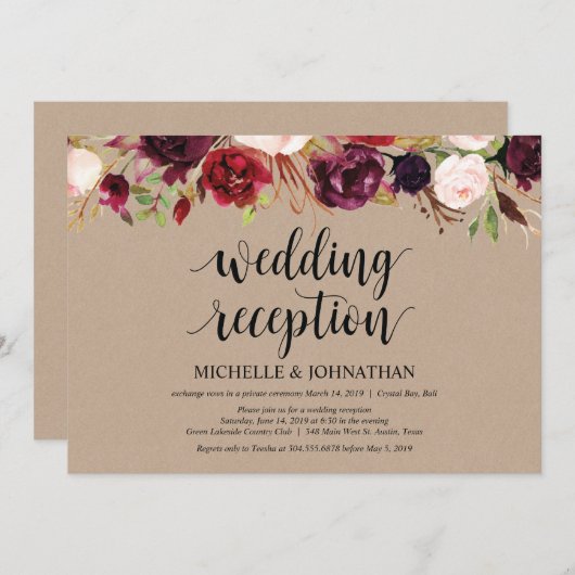 Burgundy Floral Elopement Reception Kraft nodigt u Kaart (Voorkant / Achterkant)