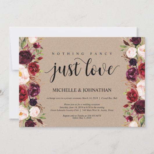 Burgundy Floral Elopement Reception Kraft nodigt u Kaart (Voorkant)