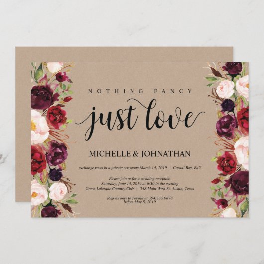 Burgundy Floral Elopement Reception Kraft nodigt u Kaart (Voorkant / Achterkant)