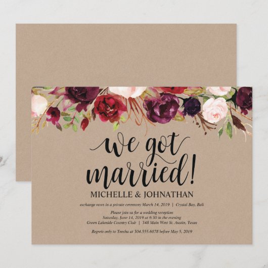 Burgundy Floral Elopement Reception Kraft nodigt u Kaart (Voorkant / Achterkant)