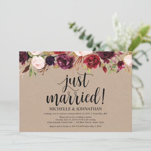 Burgundy Floral Elopement Reception Kraft nodigt u Kaart (Staand voorkant)