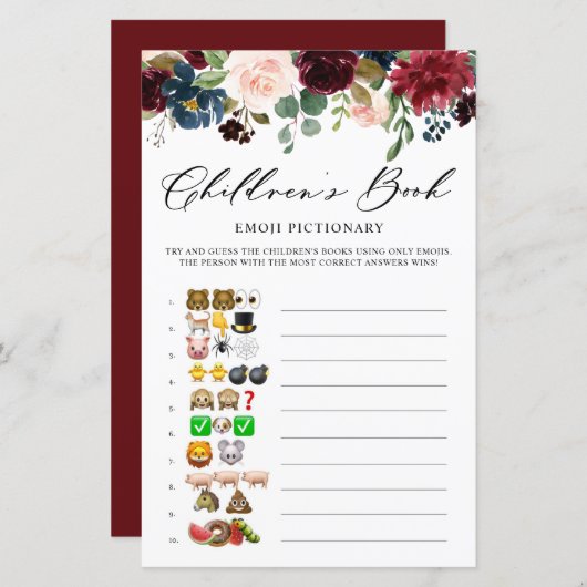 Burgundy Floral Emoji Pictionary Baby shower Game (Voorkant / Achterkant)