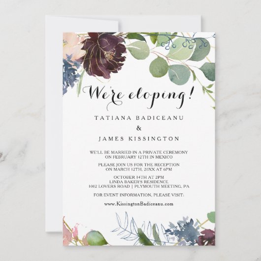 Burgundy Floral en Greenery Elopement Reception Kaart (Voorkant)