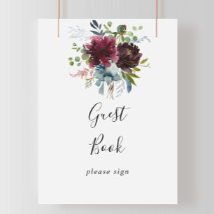 Burgundy Floral en Greenery Guest Book Sign Poster
