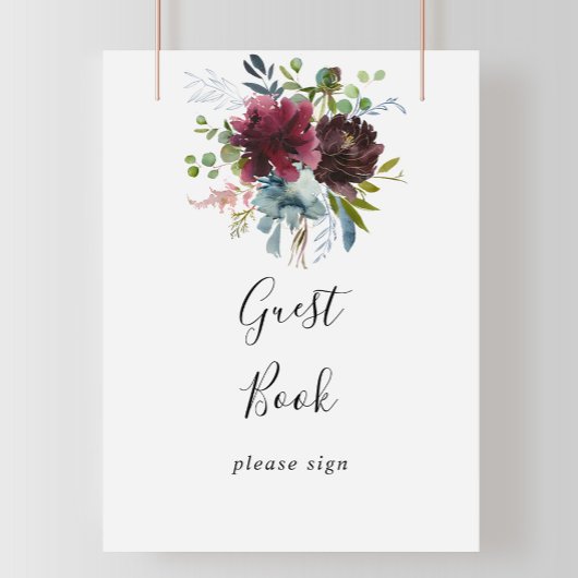 Burgundy Floral en Greenery Guest Book Sign Poster