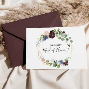 Burgundy Floral en Greenery Maid of Honor Uitnodiging Briefkaart
