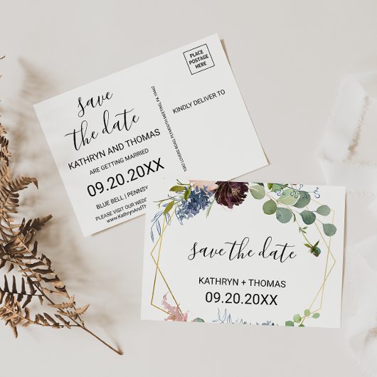 Burgundy Floral en Greenery redden de Date Kaart