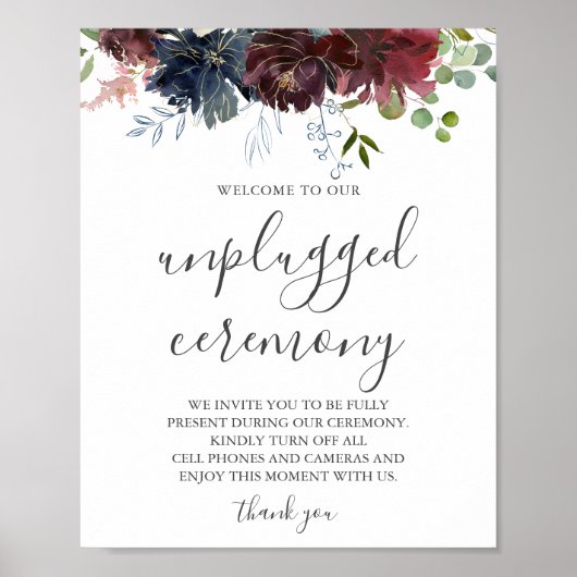 Burgundy Floral en Greenery Unplugged Wedding Poster (Voorkant)