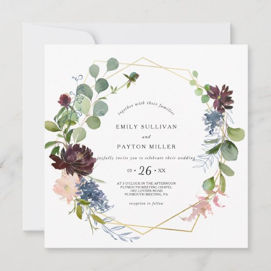 Burgundy Floral en Greenery Wedding Kaart (Voorkant)