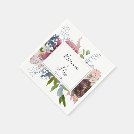 Burgundy Floral en Greenery Wedding Napkin Servet (Hoek)