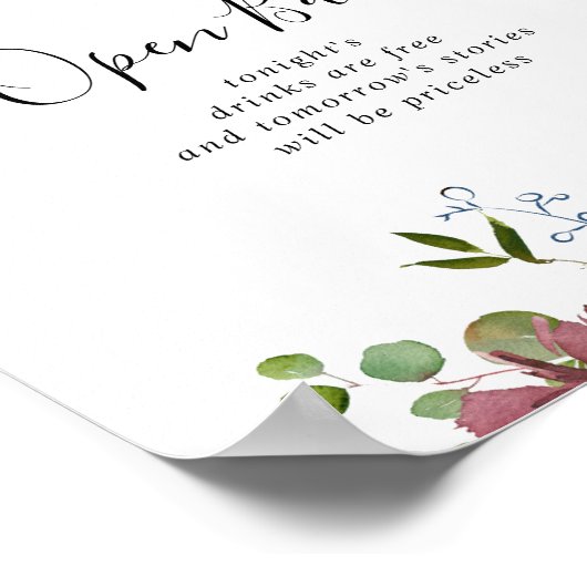 Burgundy Floral en Greenery Wedding Open Bar Poster (Hoek)