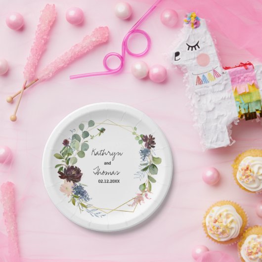 Burgundy Floral en Greenery Wedding Papieren Bordje (Feest)