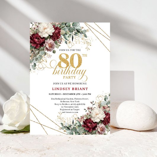 Burgundy Floral Eucalyptus Boho 80th Birthday Kaart