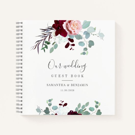Burgundy Floral Eucalyptus Weddenschap Boek (Voorkant)