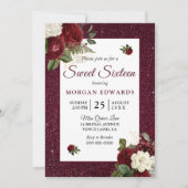 Burgundy Floral Faux Metallic Sweet 16 Invite Kaart (Voorkant)