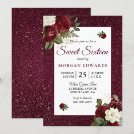 Burgundy Floral Faux Metallic Sweet 16 Invite Kaart
