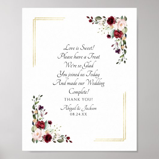 Burgundy Floral Folie Wedding Reception Treat Sign Poster (Voorkant)