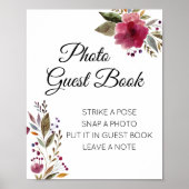 Burgundy Floral Foto Guest Book Weddenschap Poster (Voorkant)