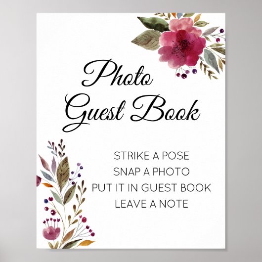 Burgundy Floral Foto Guest Book Weddenschap Poster (Voorkant)