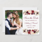 Burgundy Floral Foto redt datum W Save The Date (Voorkant)