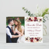 Burgundy Floral Foto redt datum W Save The Date (Staand voorkant)