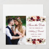 Burgundy Floral Foto redt datum W Save The Date (Voorkant / Achterkant)