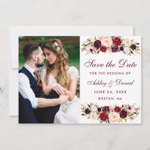 Burgundy Floral Foto redt datum W Save The Date